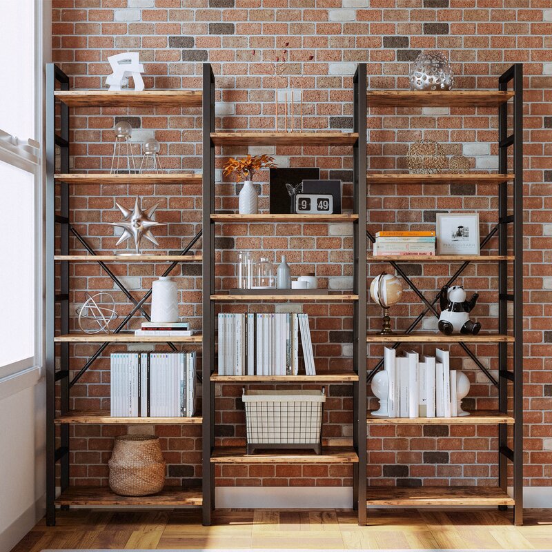 17 Stories Bookcases And Bookshelves Triple Wide 6 Tiers Industrial Bookshelf, Large Etagere Bookshelf Open Display Shelves With Metal Frame For Living Room Bedroom Home Office
