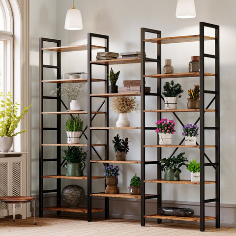 17 Stories Bookcases And Bookshelves Triple Wide 6 Tiers Industrial Bookshelf, Large Etagere Bookshelf Open Display Shelves With Metal Frame For Living Room Bedroom Home Office