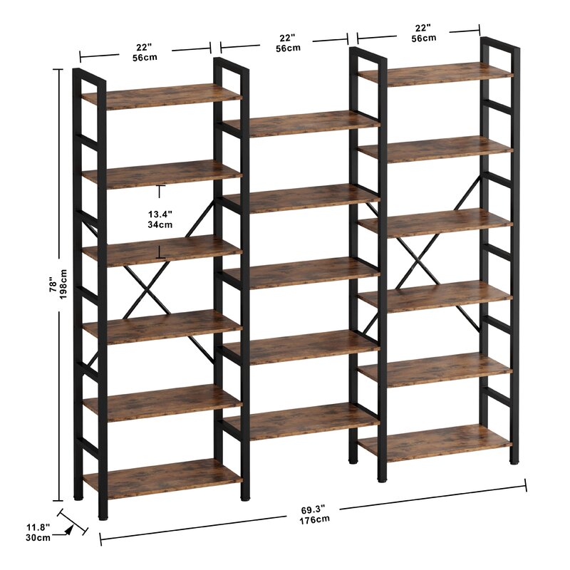 17 Stories Bookcases And Bookshelves Triple Wide 6 Tiers Industrial Bookshelf, Large Etagere Bookshelf Open Display Shelves With Metal Frame For Living Room Bedroom Home Office