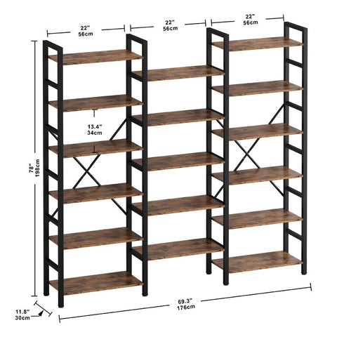 17 Stories Bookcases And Bookshelves Triple Wide 6 Tiers Industrial Bookshelf, Large Etagere Bookshelf Open Display Shelves With Metal Frame For Living Room Bedroom Home Office