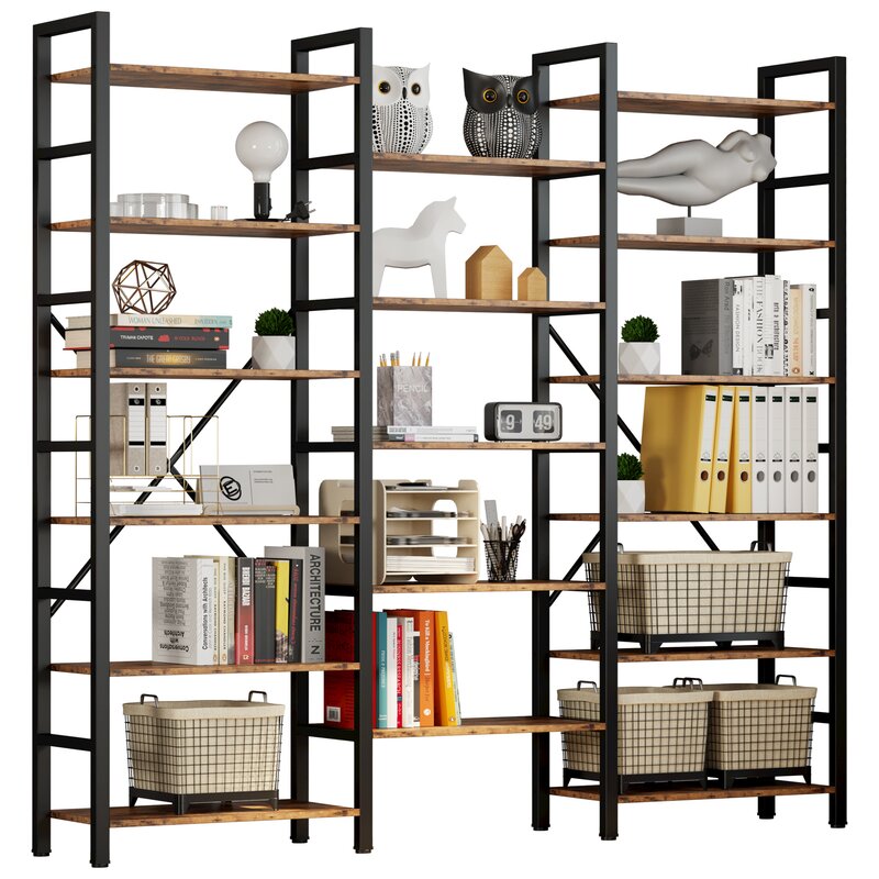 17 Stories Bookcases And Bookshelves Triple Wide 6 Tiers Industrial Bookshelf, Large Etagere Bookshelf Open Display Shelves With Metal Frame For Living Room Bedroom Home Office