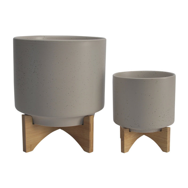 "8" and 10" Ceramic Planters on Wooden Base - Contemporary Matte Beige Solid Color "