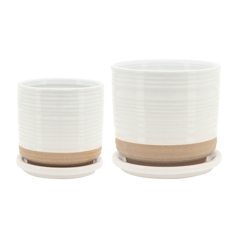 2 Piece Set 4.5"H 4.5" Diameter/5.5"H 6" Diameter Vertical Striped  White Ceramic Planters with Sand Color Base and Saucer for Home or Office