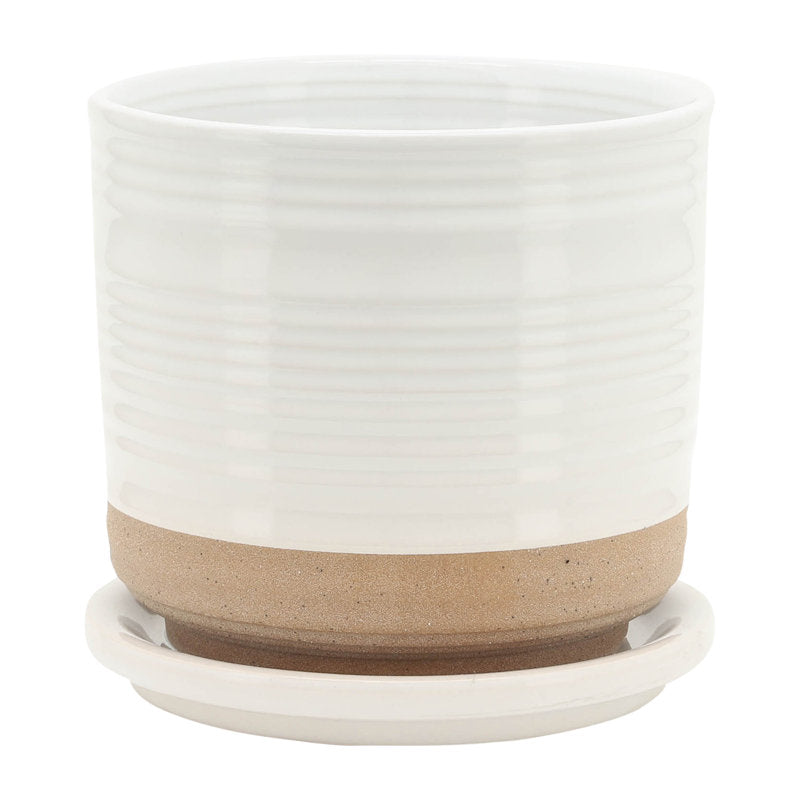 2 Piece Set 4.5"H 4.5" Diameter/5.5"H 6" Diameter Vertical Striped  White Ceramic Planters with Sand Color Base and Saucer for Home or Office