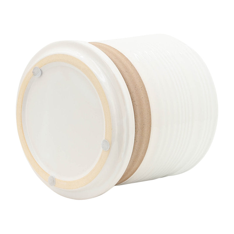 2 Piece Set 4.5"H 4.5" Diameter/5.5"H 6" Diameter Vertical Striped  White Ceramic Planters with Sand Color Base and Saucer for Home or Office