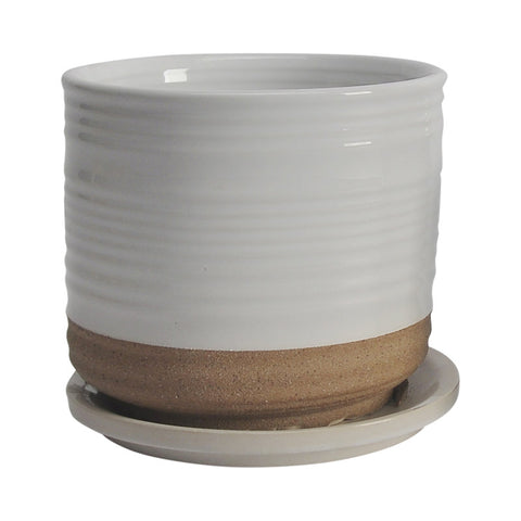 2 Piece Set 4.5"H 4.5" Diameter/5.5"H 6" Diameter Vertical Striped  White Ceramic Planters with Sand Color Base and Saucer for Home or Office