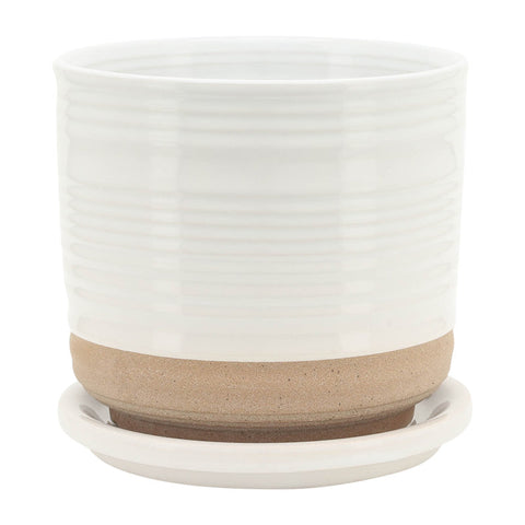 2 Piece Set 4.5"H 4.5" Diameter/5.5"H 6" Diameter Vertical Striped  White Ceramic Planters with Sand Color Base and Saucer for Home or Office
