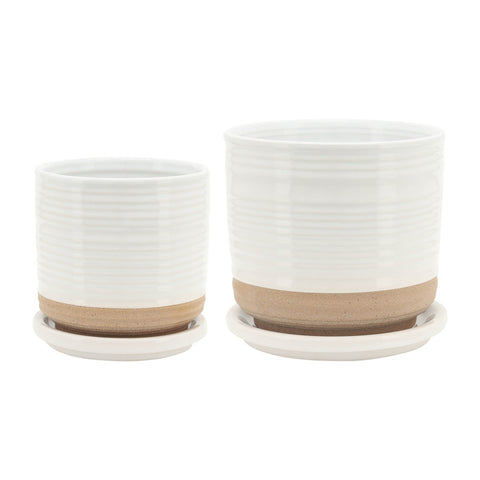 2 Piece Set 4.5"H 4.5" Diameter/5.5"H 6" Diameter Vertical Striped  White Ceramic Planters with Sand Color Base and Saucer for Home or Office