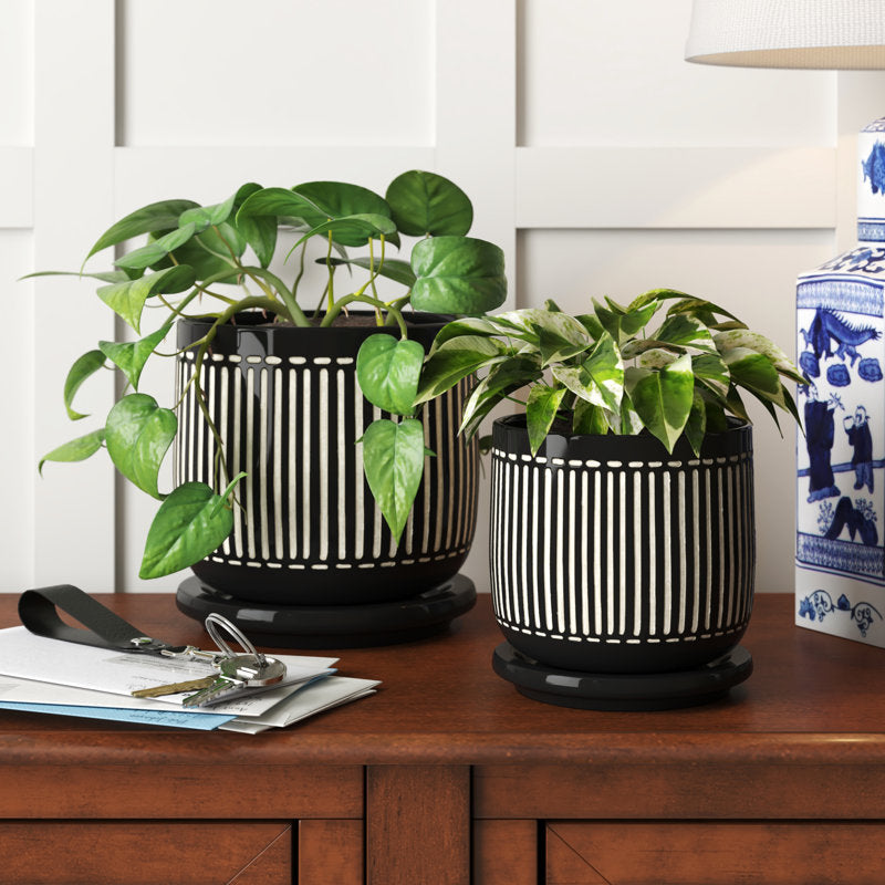 2 Piece Set Ceramic Planter - Black and White, Vertical Line Design, 5" Planter, 6" Planter, For Indoor and Outdoor Plants, Succulent Planter Set, Black Planters