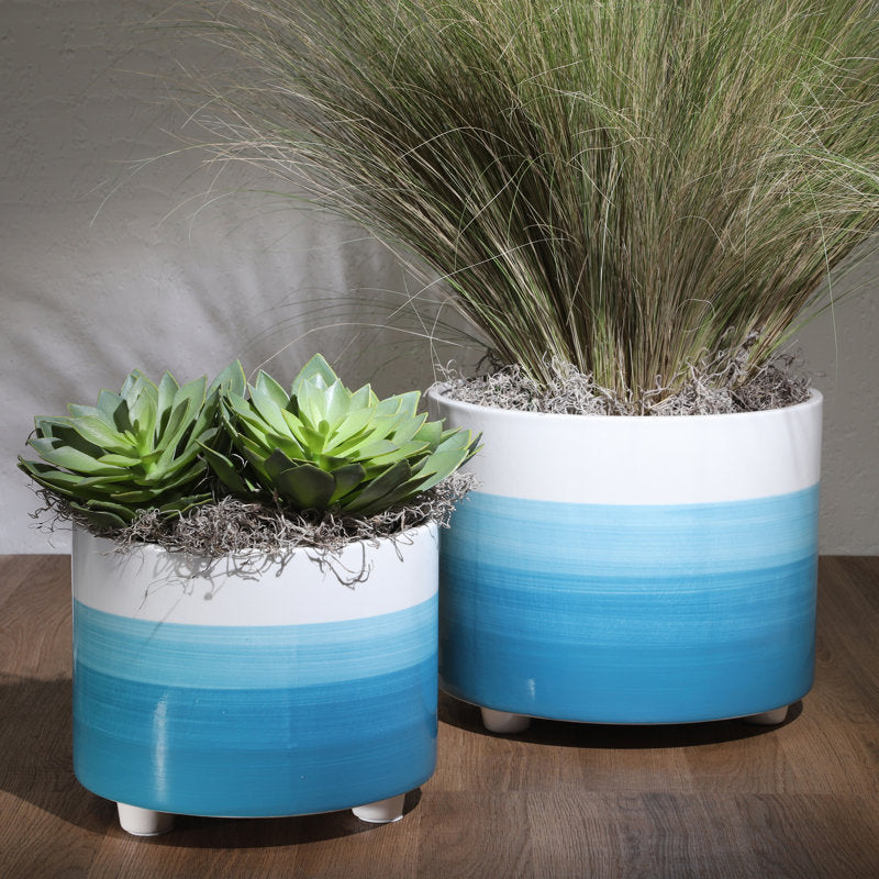 2 Piece Set Ceramic Planters - 12" Planter, 10" Planter, Blue Planter for Indoor Plants or Outdoor Plants and Succulents, Planter Set with Feet