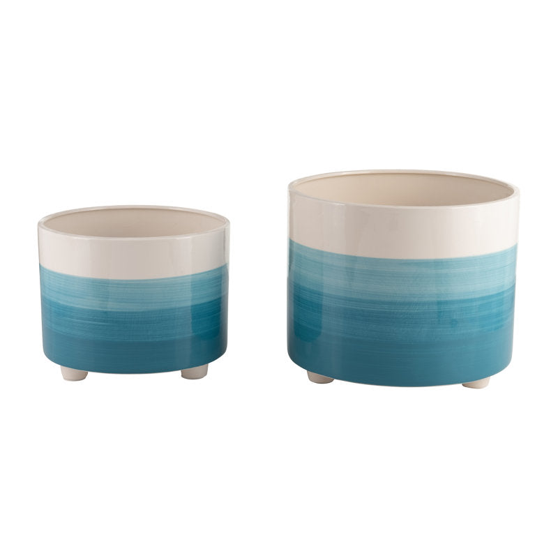 2 Piece Set Ceramic Planters - 12" Planter, 10" Planter, Blue Planter for Indoor Plants or Outdoor Plants and Succulents, Planter Set with Feet
