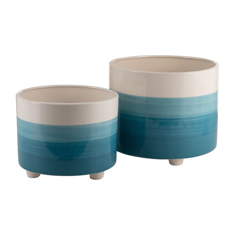 2 Piece Set Ceramic Planters - 12" Planter, 10" Planter, Blue Planter for Indoor Plants or Outdoor Plants and Succulents, Planter Set with Feet