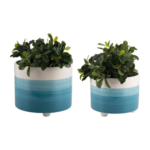 2 Piece Set Ceramic Planters - 12" Planter, 10" Planter, Blue Planter for Indoor Plants or Outdoor Plants and Succulents, Planter Set with Feet
