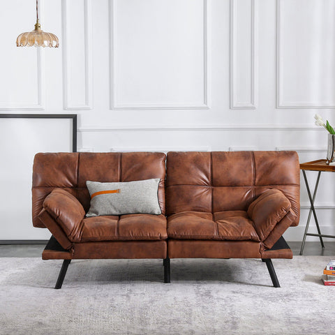 71'' Wide Adjustable Arms Tufted Back Convertible Faux Leather Twin Size Sofa