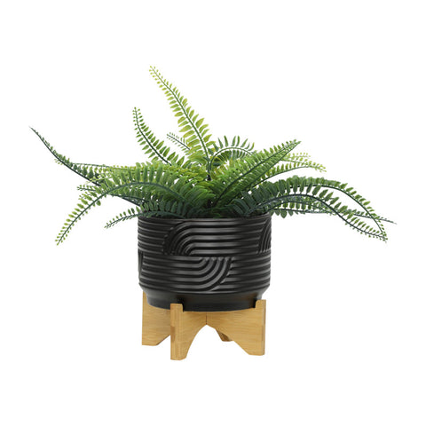 7" Ceramic Planter on Bamboo Stand - Contemporary Abstract Lined Design For Indoor or Outdoor Plants, Succulents, Cactus - Plant Lover Gift Idea