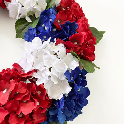 Artificial Hydrangea Wreath for July 4th Patriotic Americana Festival Front Door Wall Home Decor