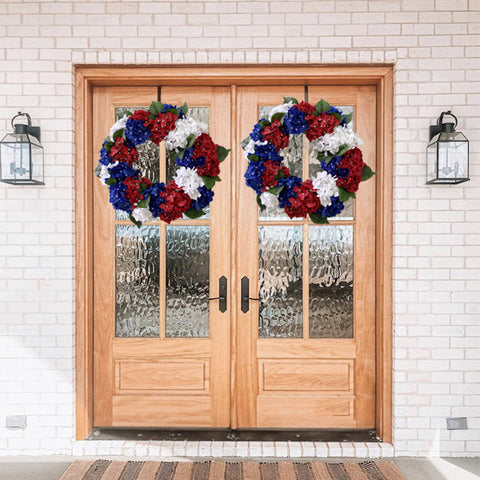 Artificial Hydrangea Wreath for July 4th Patriotic Americana Festival Front Door Wall Home Decor