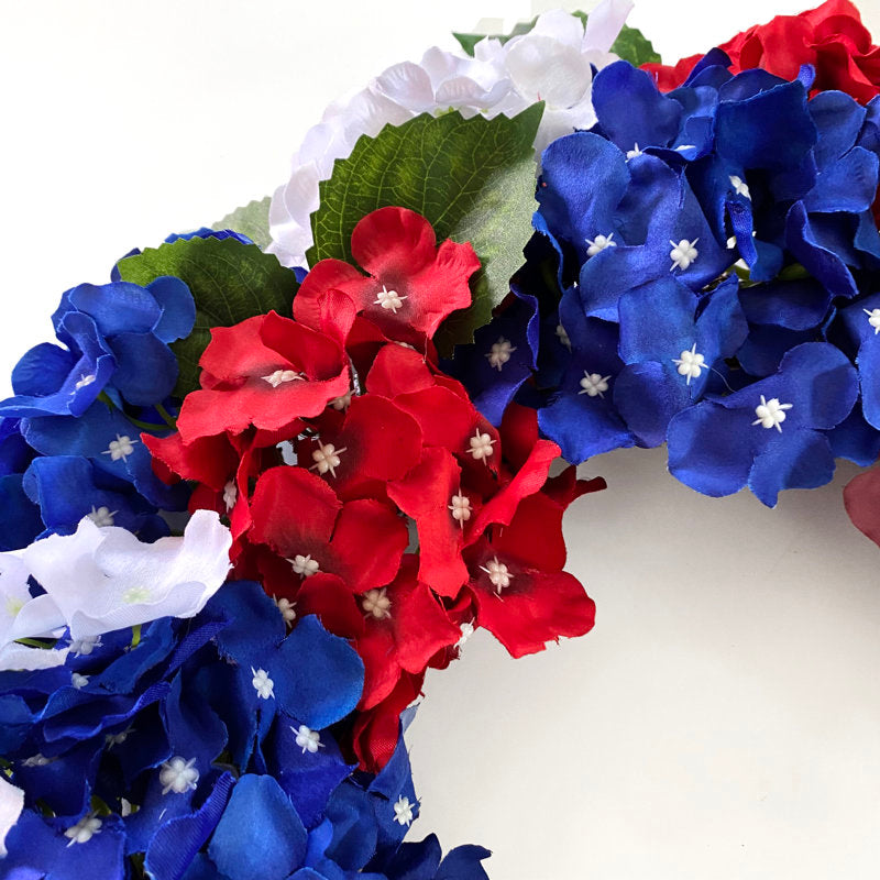 Artificial Hydrangea Wreath for July 4th Patriotic Americana Festival Front Door Wall Home Decor