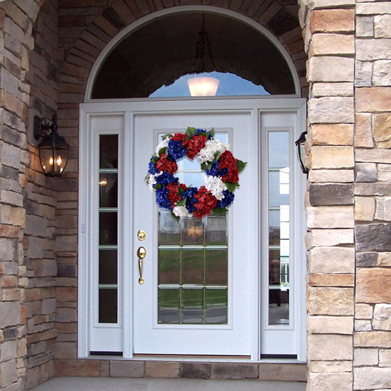 Artificial Hydrangea Wreath for July 4th Patriotic Americana Festival Front Door Wall Home Decor