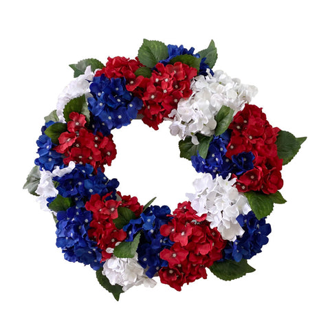 Artificial Hydrangea Wreath for July 4th Patriotic Americana Festival Front Door Wall Home Decor