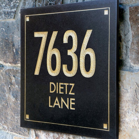 Black Granite Square Futura Engraved 3-Line Address Sign