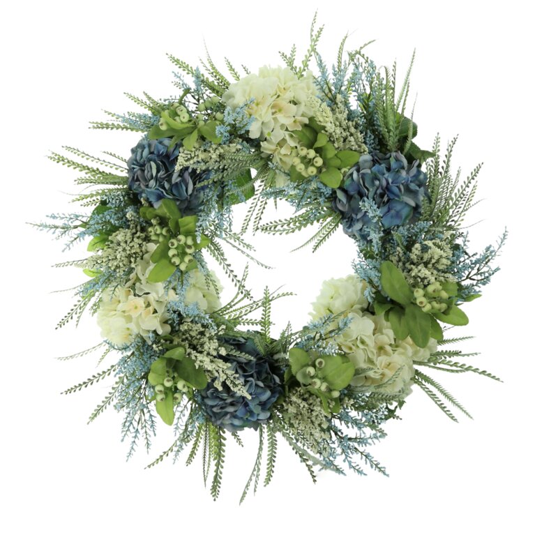 Blue and White Hydrangea Wreath with Heather and Berries