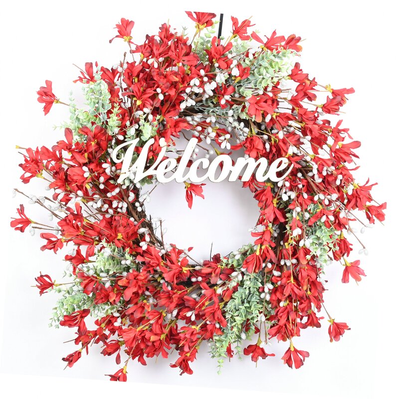 Christmas Winter Welcome Wreath Handcrafted Faux Silk 24'' Wreath