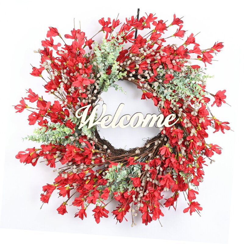 Christmas Winter Welcome Wreath Handcrafted Faux Silk 24'' Wreath