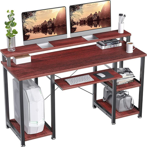 Clivden 47" Wide Computer Desk Studying Writing Table with Monitor Stand Storage Shelves Keyboard Tray for Home Office