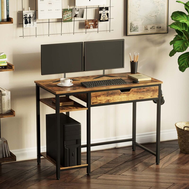 Desk with a Drawer and a Height-Adjustable CPU Holder Shelf
