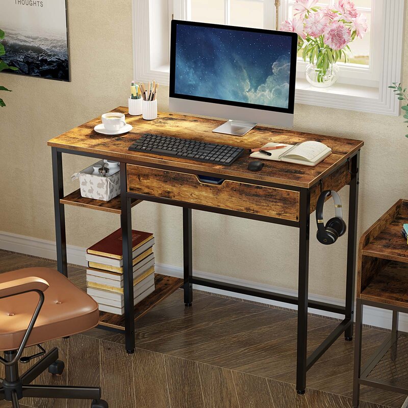 Desk with a Drawer and a Height-Adjustable CPU Holder Shelf