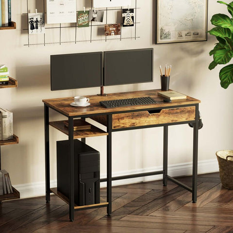 Desk with a Drawer and a Height-Adjustable CPU Holder Shelf