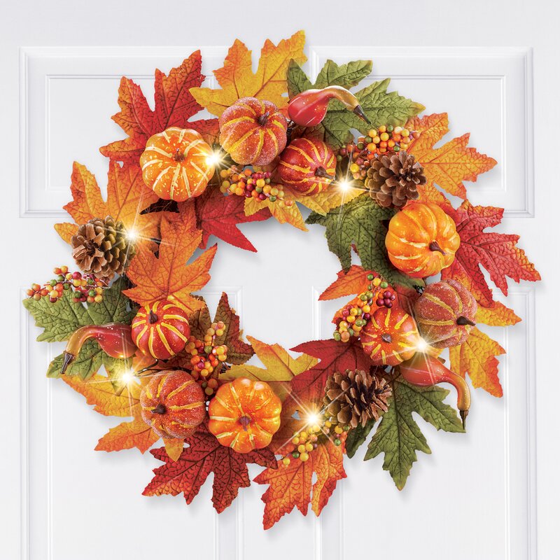 Faux Lighted Pumpkin & Gourds 20'' Wreath