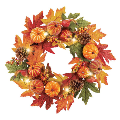 Faux Lighted Pumpkin & Gourds 20'' Wreath