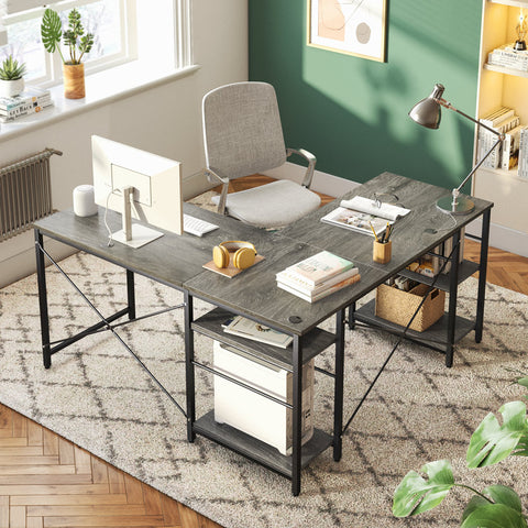 Fortson L Shaped Desk with Shelves or 2 Person 95.2" Long Table