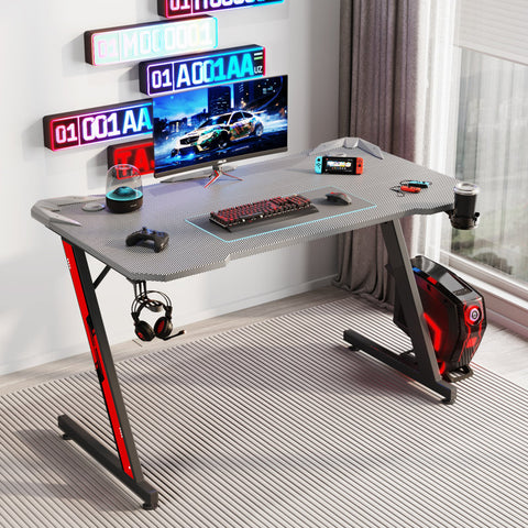 Heidrick Carbon Fiber Surface Z-Shaped Leg PC Gaming Desk with Headphone Hook and Cup Holder
