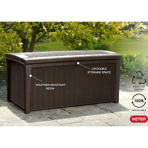 Brown Keter Borneo 110 Gallon Rattan Wicker Resin Patio Deck Storage Box Bench