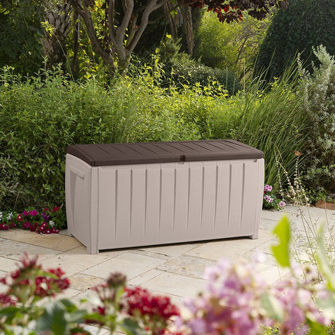 Beige/Brown Keter Novel 90 Gallon Resin Deck Box Organization and Storage Outdoor For Lawn Patio (Part number: 212835)