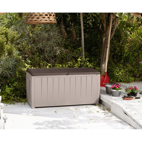 Beige/Brown Keter Novel 90 Gallon Resin Deck Box Organization and Storage Outdoor For Lawn Patio (Part number: 212835)
