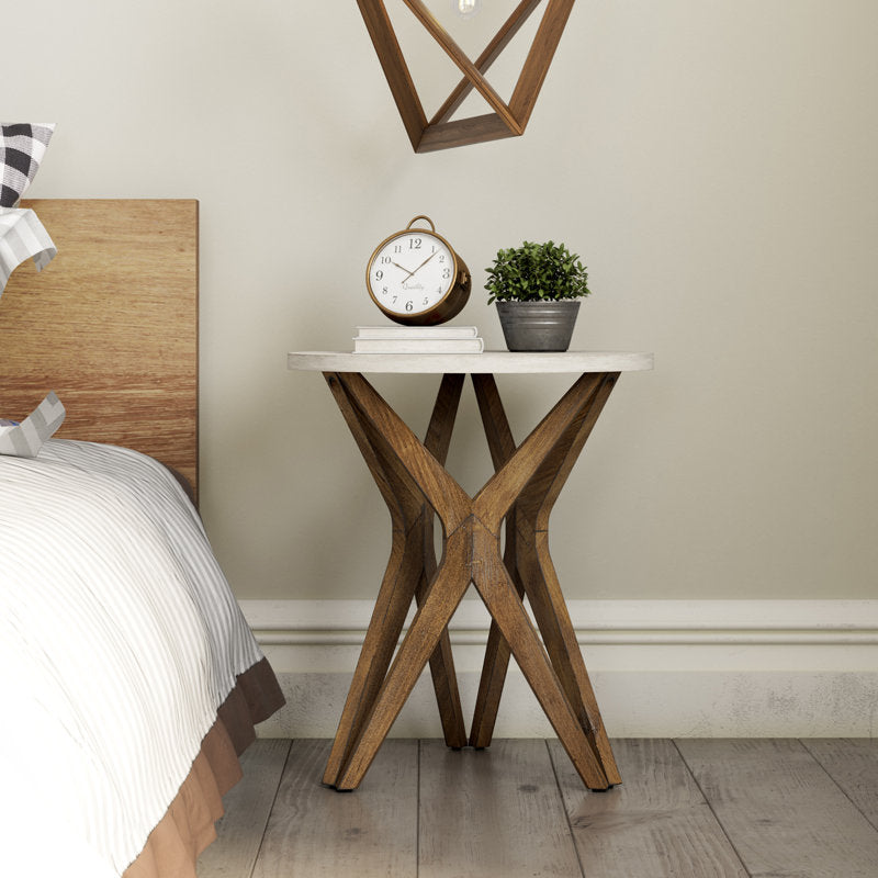 Moty Crossed Legs Round End Table, Distressed White Top with Tripod Base for Modern Farmhouse, Boho