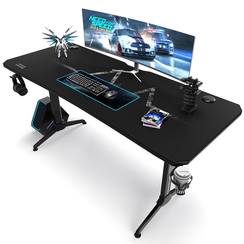PC Gaming Desk T-Shaped Leg with Free Mouse Pad, Cup Holder and Headphone Hook