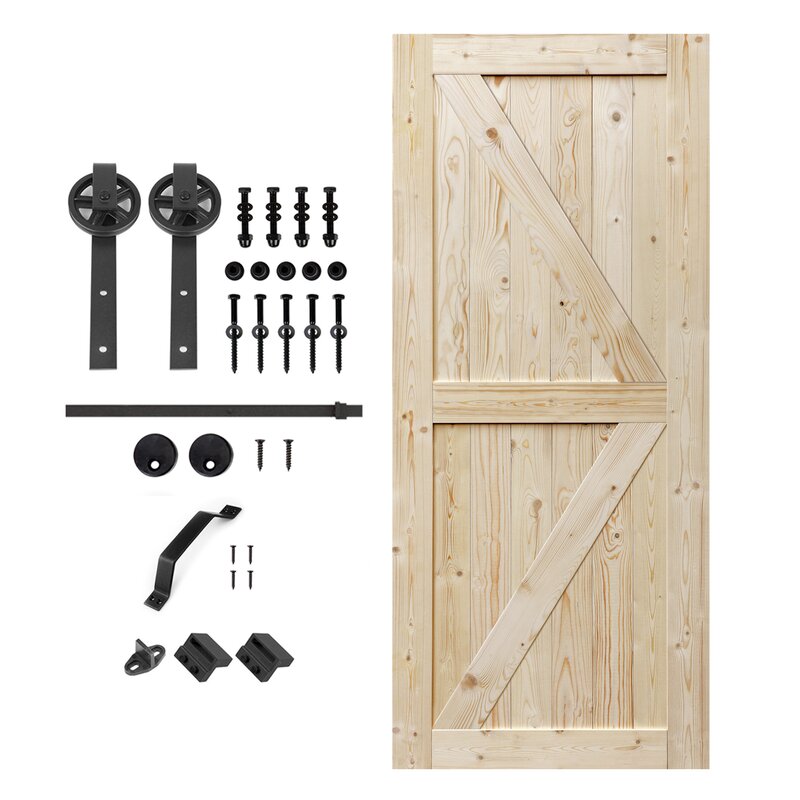 Paneled Wood Unfinished Barn Door with Installation Hardware Kit 84" Height Big Wheel