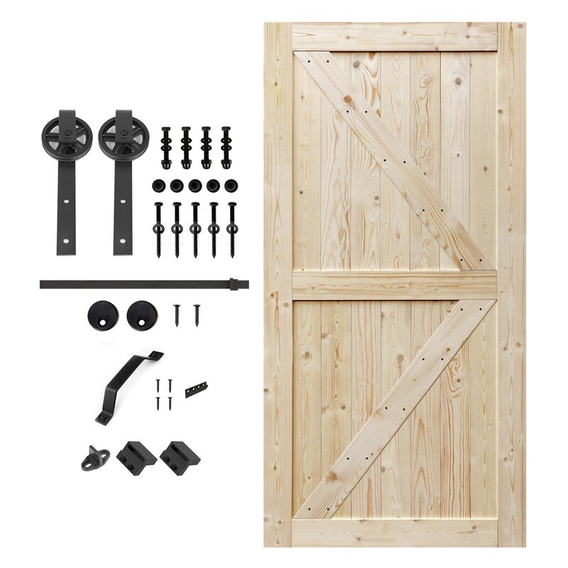 Paneled Wood Unfinished Barn Door with Installation Hardware Kit Big Wheel