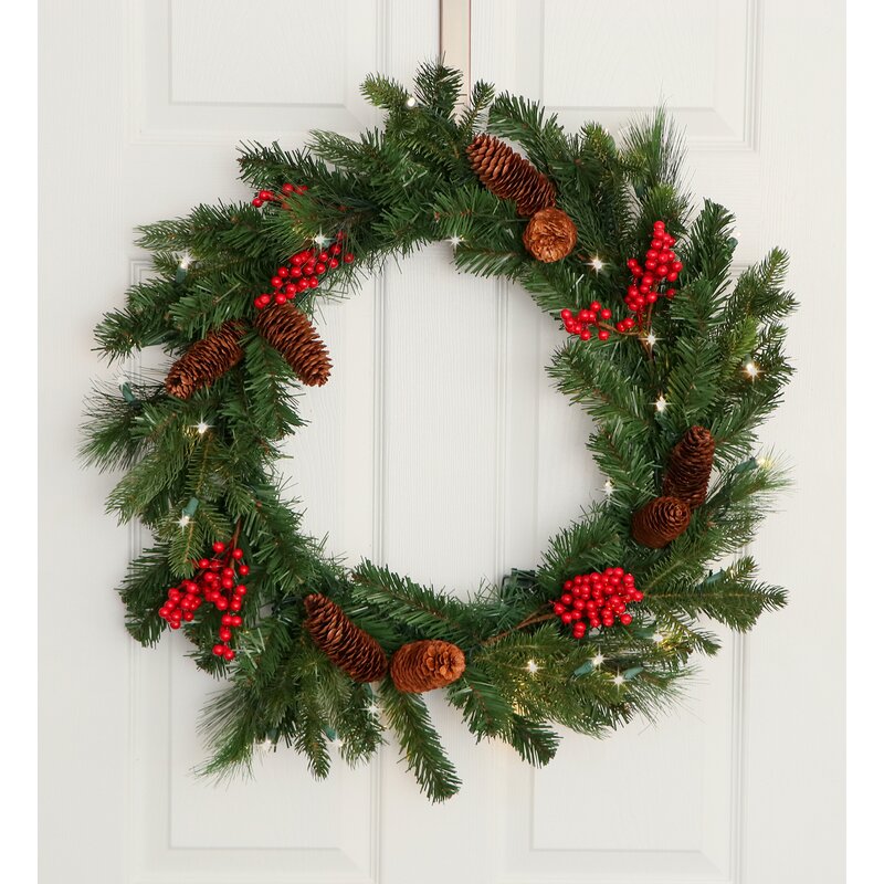 Real Pine Cones 26" Faux Greenery Wreath with 35 Battery Powered LED Lights