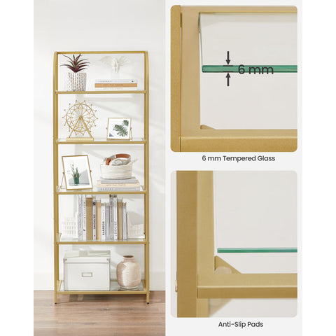 Sheffield Storage Rack, 5-Tier Bookshelf, Gold Bookcase With Steel Frame And Curved Design, Tempered Glass, For Living Room, Bedroom, Office, Gold Color