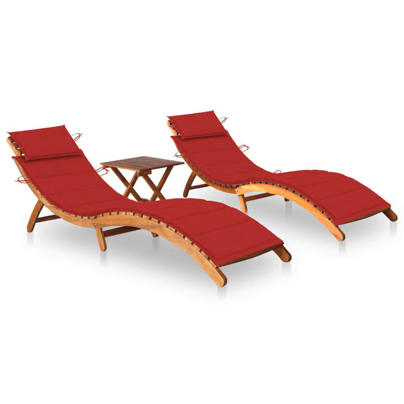Sun Loungers with Table and Cushions Solid Acacia Wood (Set of 2)