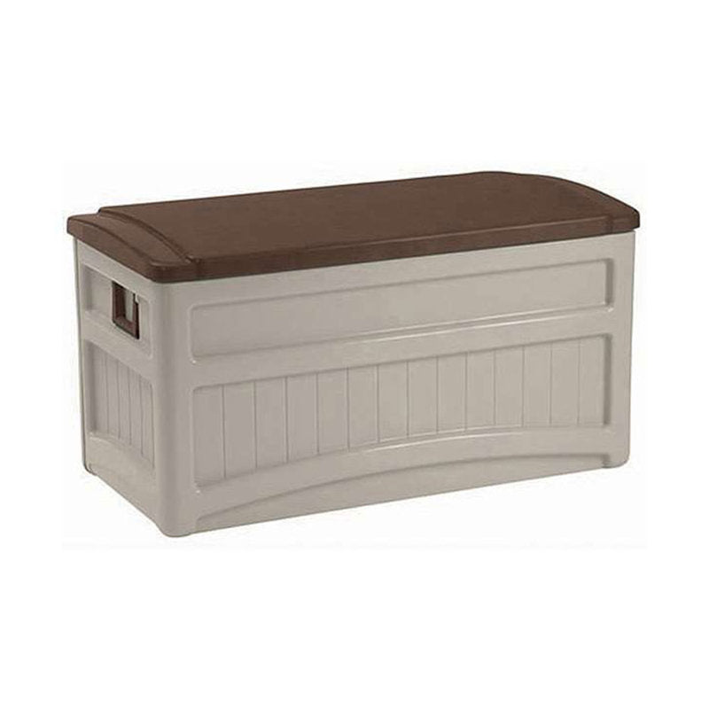 Suncast 78 Gallon Water Resistant Resin Deck Box with Wheels in Light Taupe/Mocha